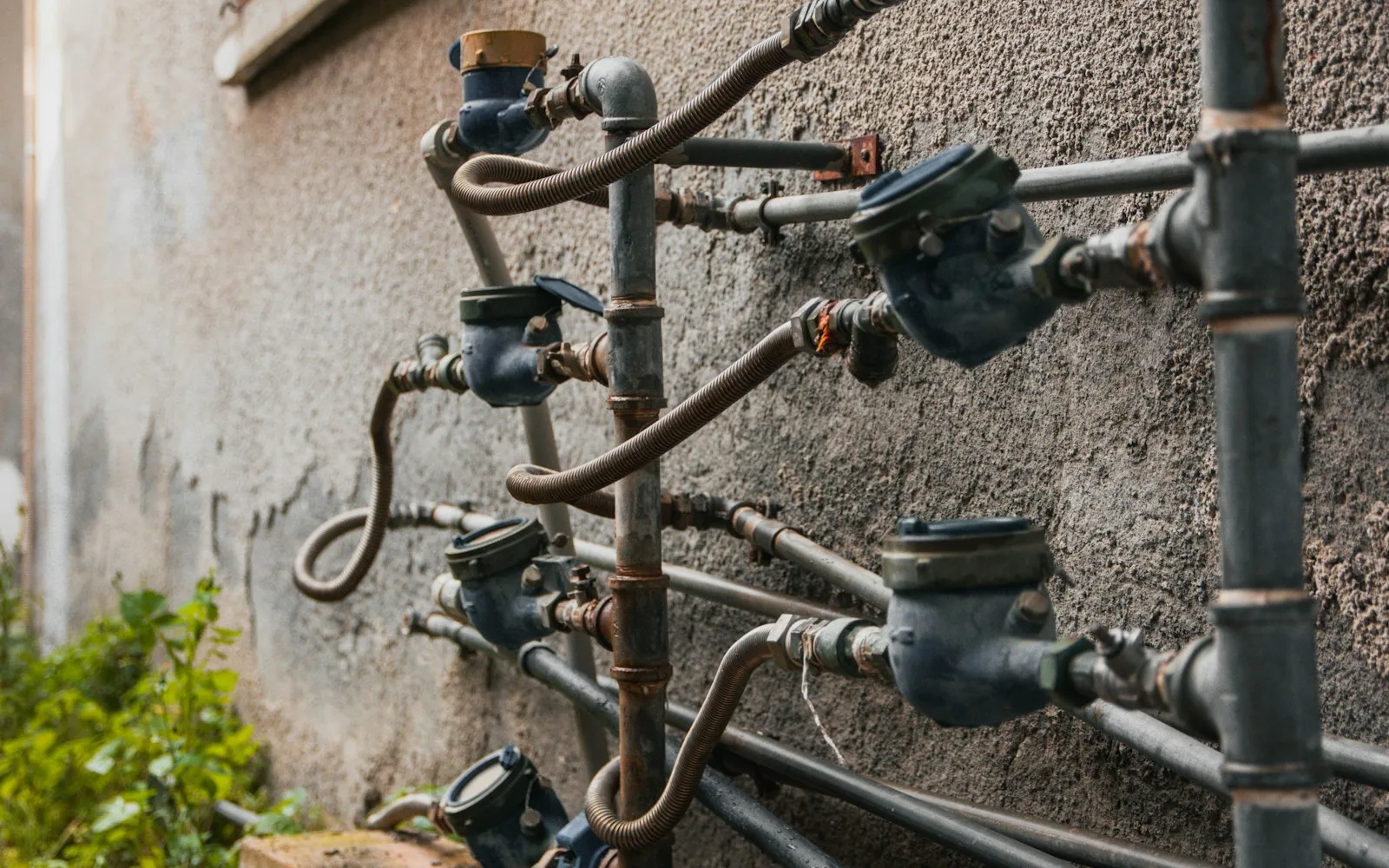 Batteria di contatori dell'acqua collegati alle tubazioni sul muro di un edificio.